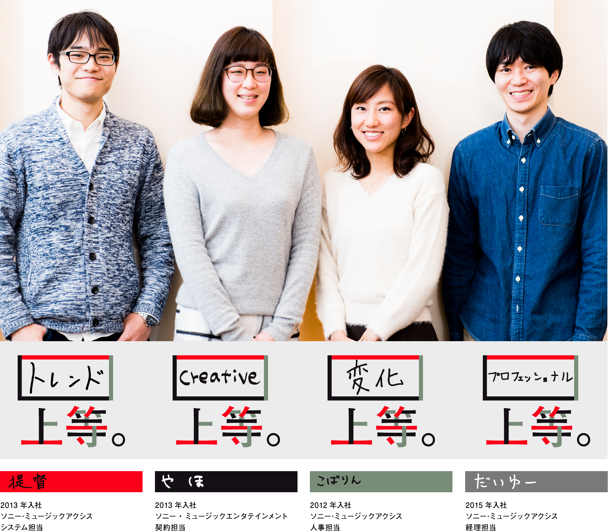 トレンド上等 提督 2013年入社 ソニー･ミュージックアクシスシステム担当/creative上等 やほ 2013年入社 ソニー・ミュージックエンタテインメント契約担当/変化上等 こばりん 2012年入社 ソニー･ミュージックアクシス人事担当/プロフェッショナル上等 だいゆー 2015年入社 ソニー･ミュージックアクシス経理担当